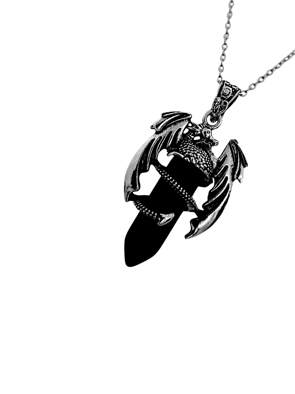 Silver Dragon Black Pendant w/ Stainless Steel Necklace NWOT